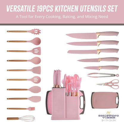 SATTAR Pink 19 Pieces Heat Resistant Utensils Set with 11 Pieces Spatula Cooking Utensils, Silicone Utensils 6 Piece Sharp Knives