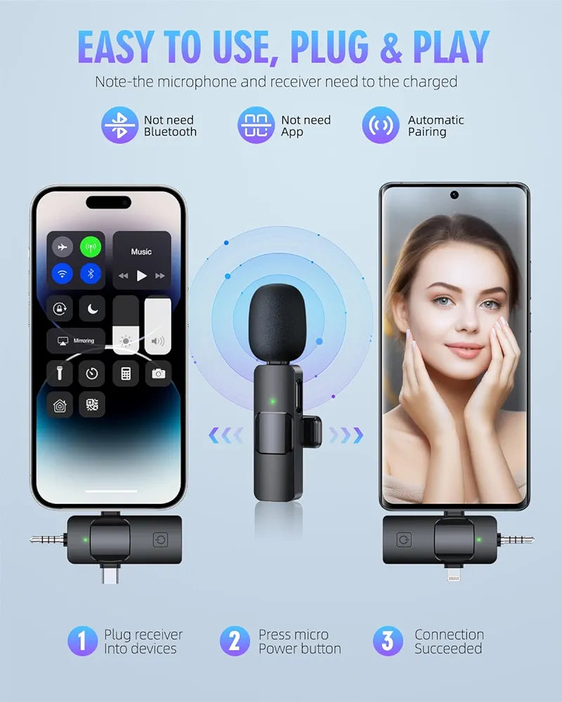 PQRQP 3 in 1 Wireless Lavalier Microphones for iPhone, iPad, Android, Camera