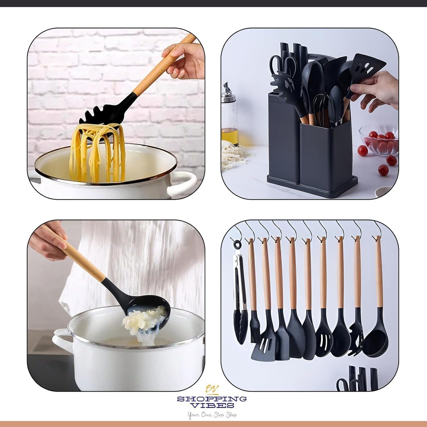 SATTAR Black 19 Pieces Heat Resistant Utensils Set with 11 Pieces Spatula Cooking Utensils, Silicone Utensils 6 Piece Sharp Knives