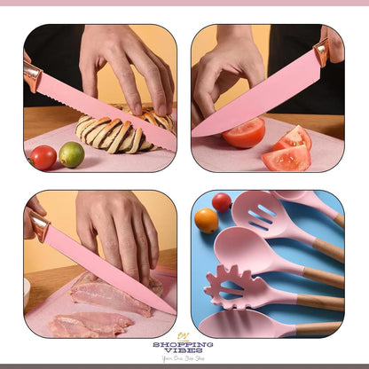 SATTAR Pink 19 Pieces Heat Resistant Utensils Set with 11 Pieces Spatula Cooking Utensils, Silicone Utensils 6 Piece Sharp Knives