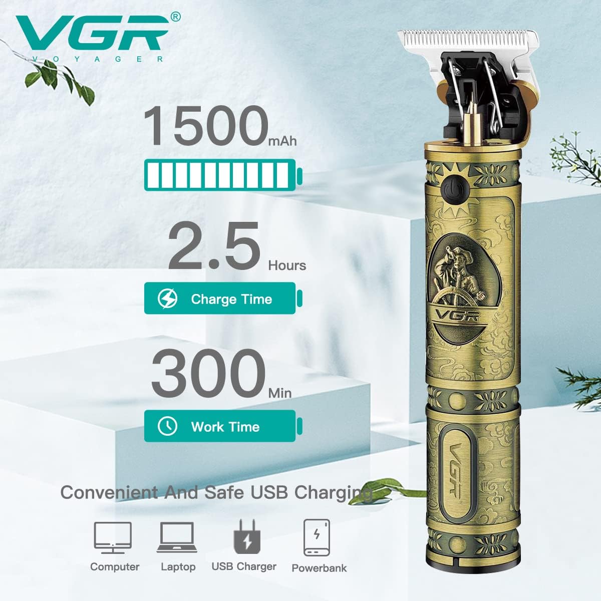 VGR Rechargeable Hair Clippers with Zero Gapped Baldheaded T-Blade, V-085