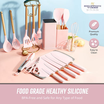 SATTAR Pink 19 Pieces Heat Resistant Utensils Set with 11 Pieces Spatula Cooking Utensils, Silicone Utensils 6 Piece Sharp Knives