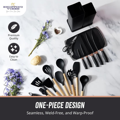 SATTAR Black 19 Pieces Heat Resistant Utensils Set with 11 Pieces Spatula Cooking Utensils, Silicone Utensils 6 Piece Sharp Knives