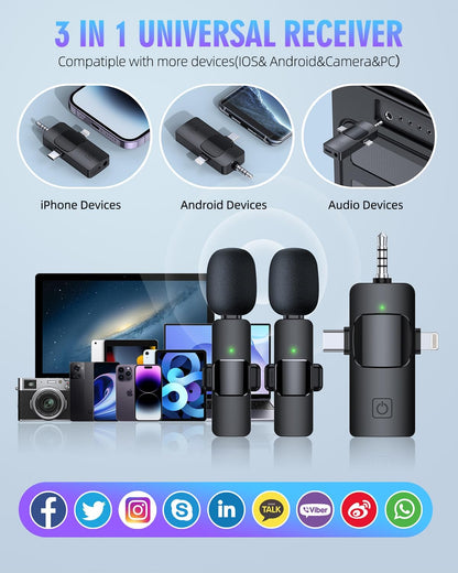 PQRQP 3 in 1 Wireless Lavalier Microphones for iPhone, iPad, Android, Camera