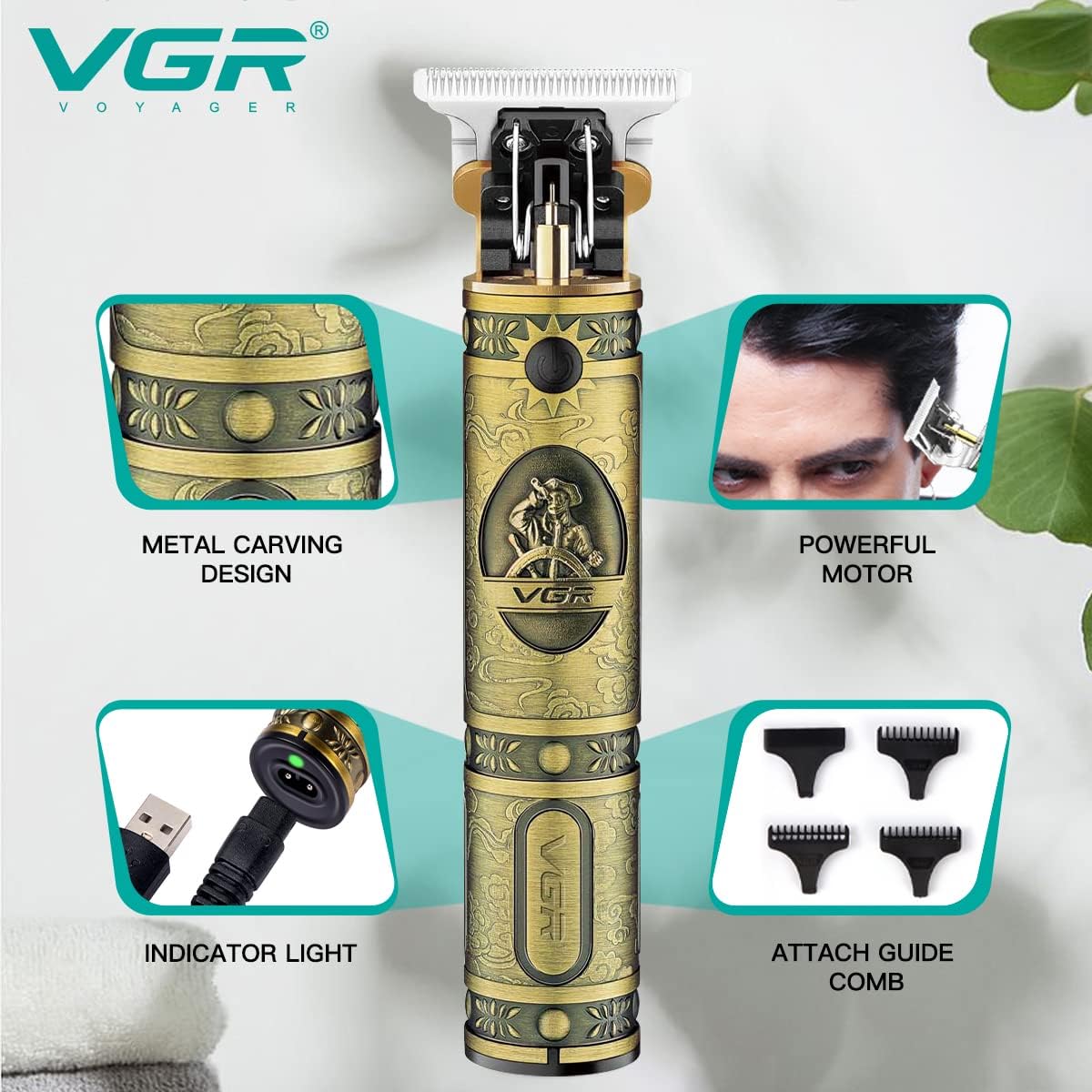 VGR Rechargeable Hair Clippers with Zero Gapped Baldheaded T-Blade, V-085