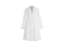 Tiered popover dress in embroidered eyelet