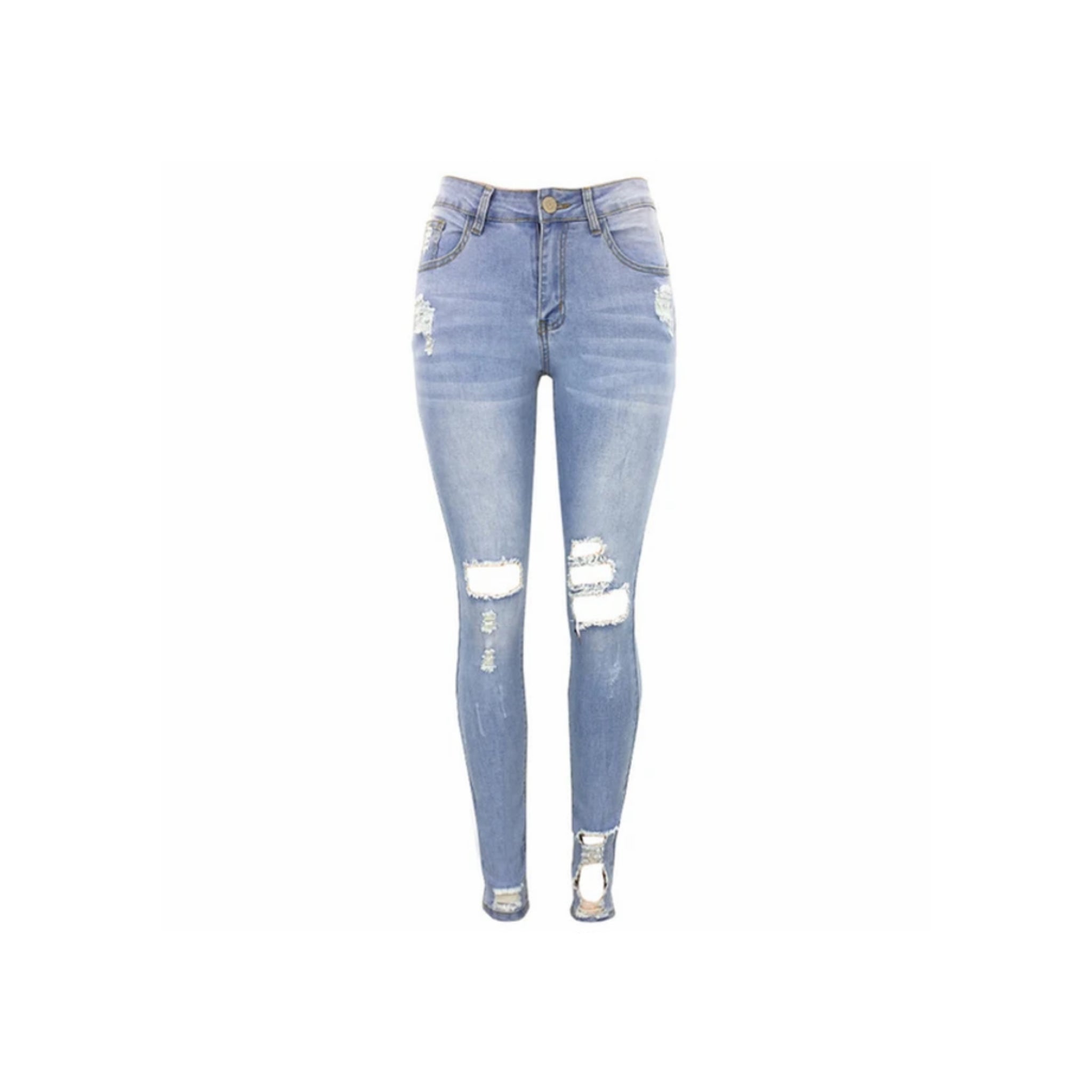 Women Stretched Denim Ripped Holes Mid Waist Jeans