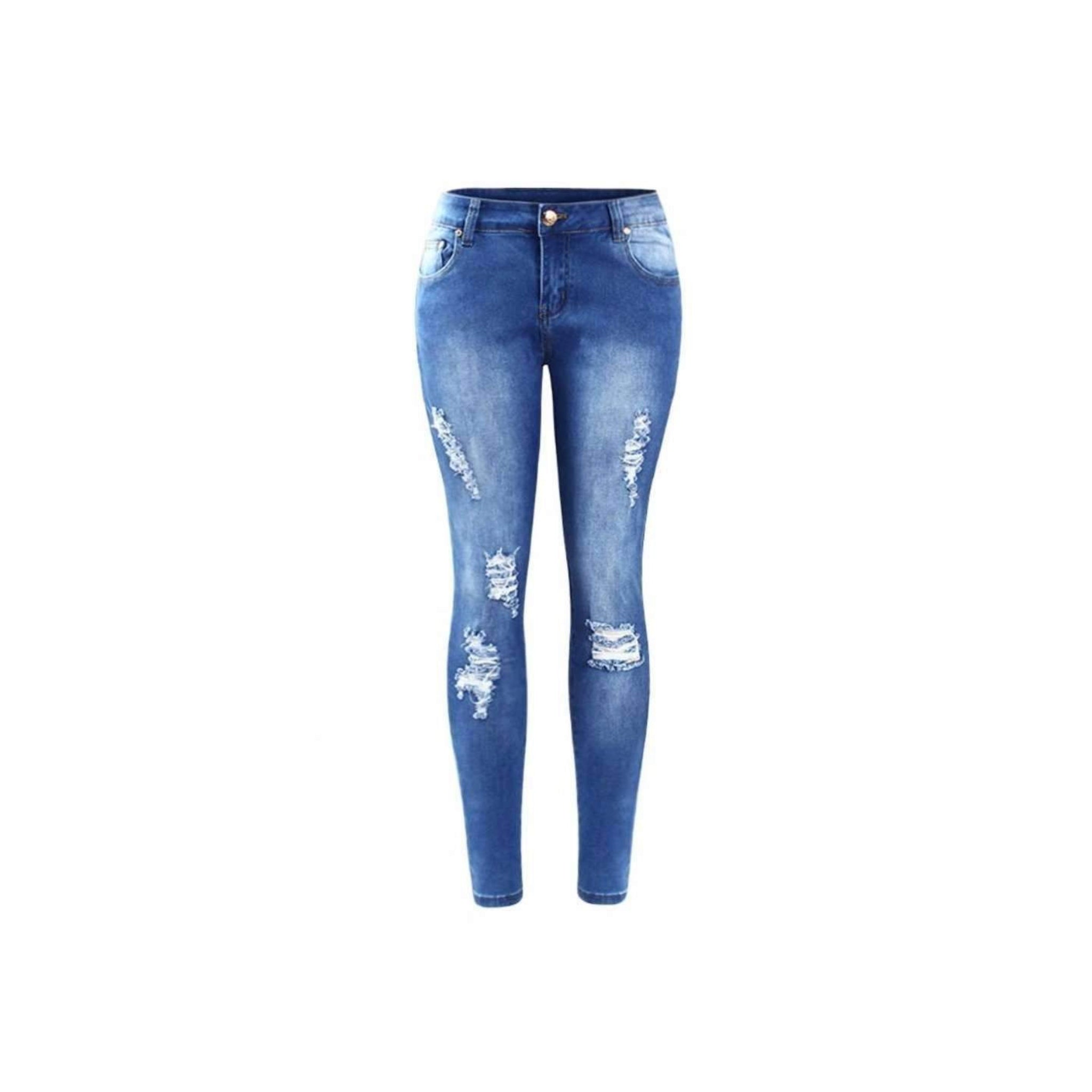 Women Stretched Denim Ripped Holes Mid Waist Jeans Blue