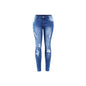 Women Stretched Denim Ripped Holes Mid Waist Jeans Blue