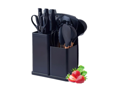 SATTAR Black 19 Pieces Heat Resistant Utensils Set with 11 Pieces Spatula Cooking Utensils, Silicone Utensils 6 Piece Sharp Knives