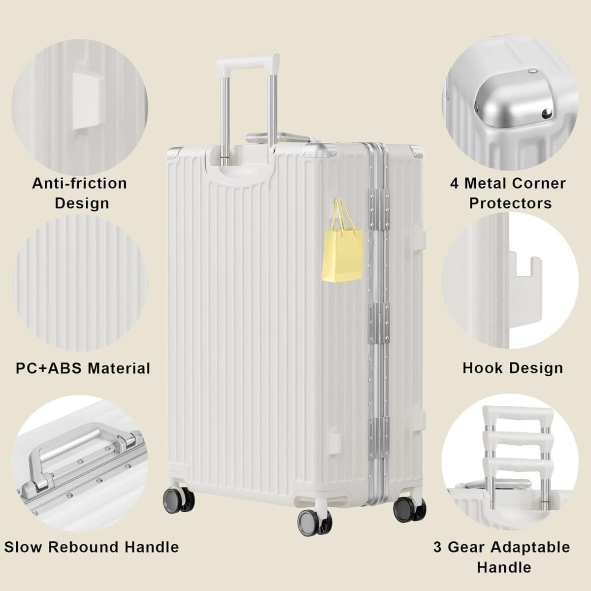 AnyZip 24'' Luggage PC+ABS Aluminum Frame Hard Shell Zipper-less Checked Luggage Suitcase Cream - Image 5