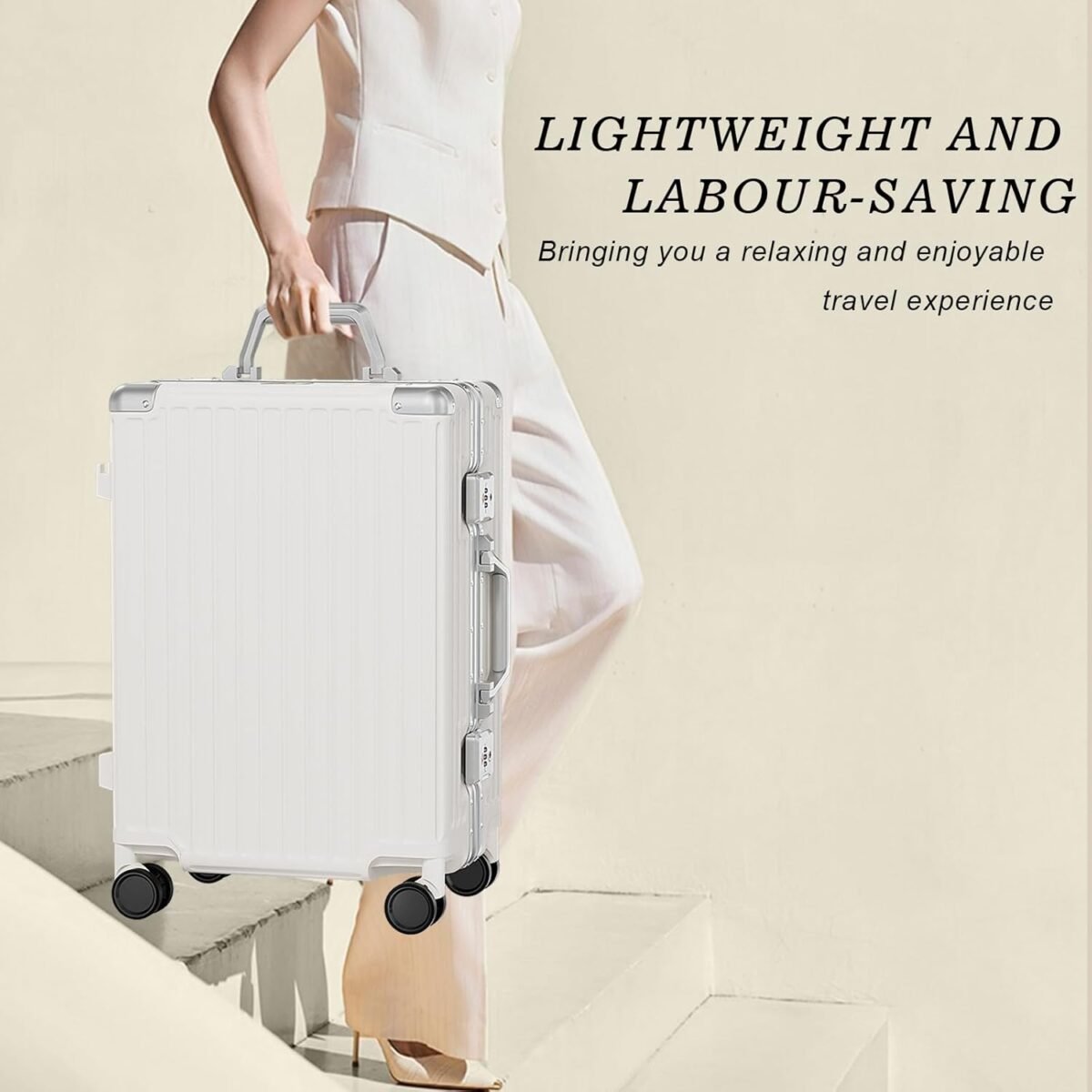 AnyZip 24'' Luggage PC+ABS Aluminum Frame Hard Shell Zipper-less Checked Luggage Suitcase Cream - Image 6