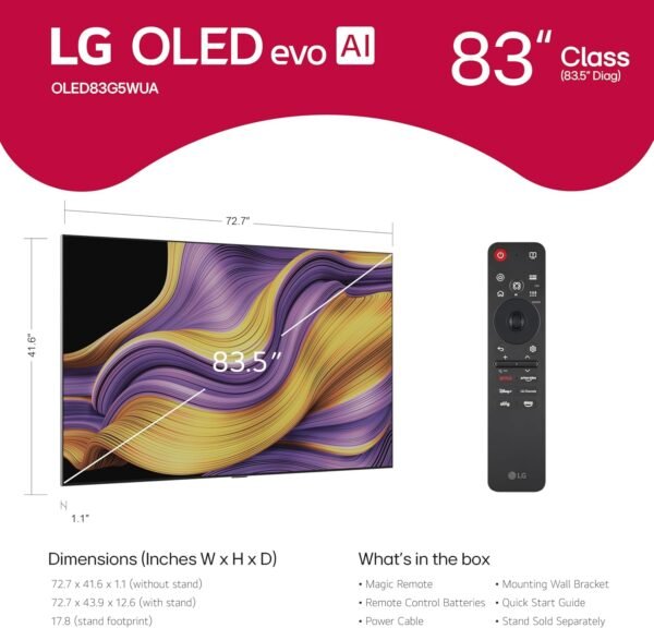 LG 83-Inch Class OLED evo AI 4K G5 Series Smart TV OLED83G5WUA, 2025 Alexa Built-in Dolby Atmos, Dolby Vision, HDR10