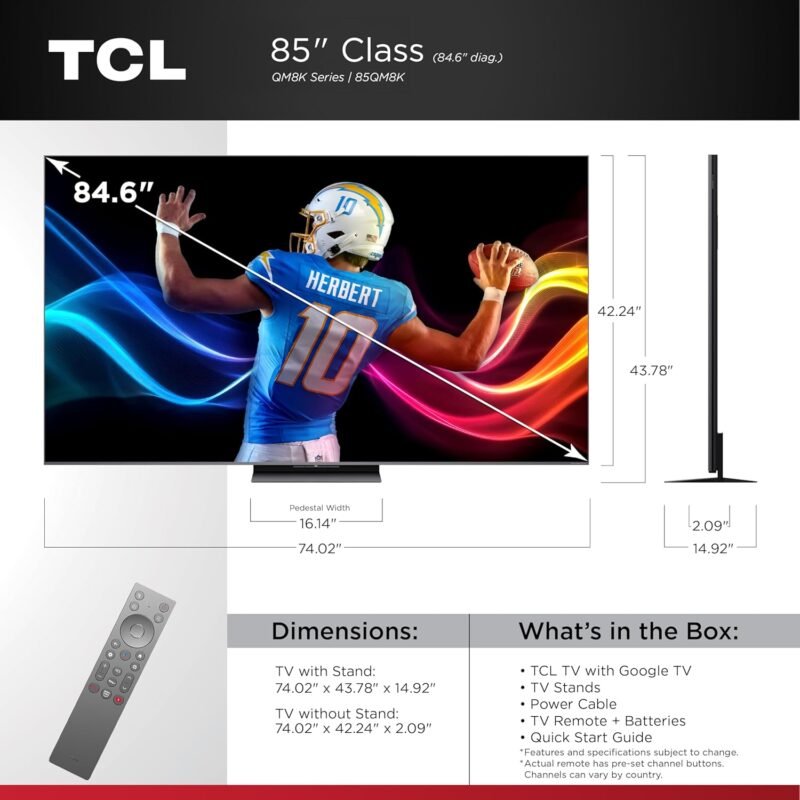 TCL 85-Inch Class 85QM8K Series QD-Mini LED 4K UHD Google Smart TV 144hz, 288hz VRR, No Bezel Design