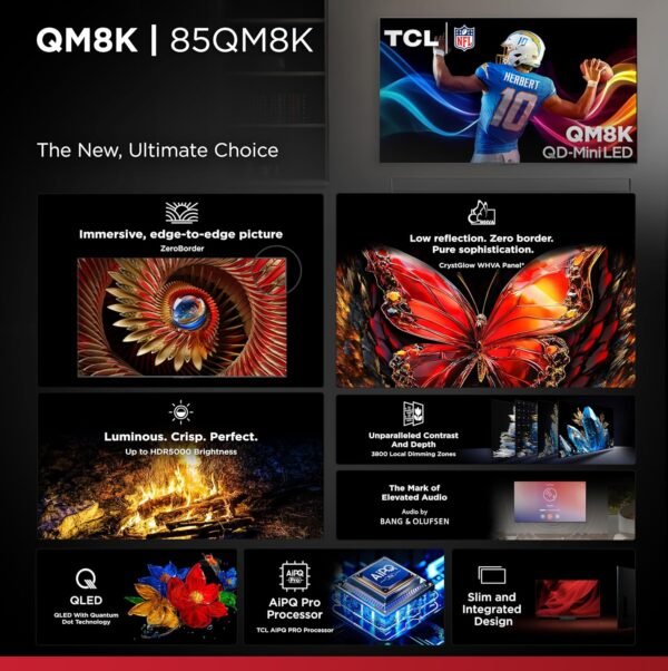 TCL 85-Inch Class 85QM8K Series QD-Mini LED 4K UHD Google Smart TV 144hz, 288hz VRR, No Bezel Design