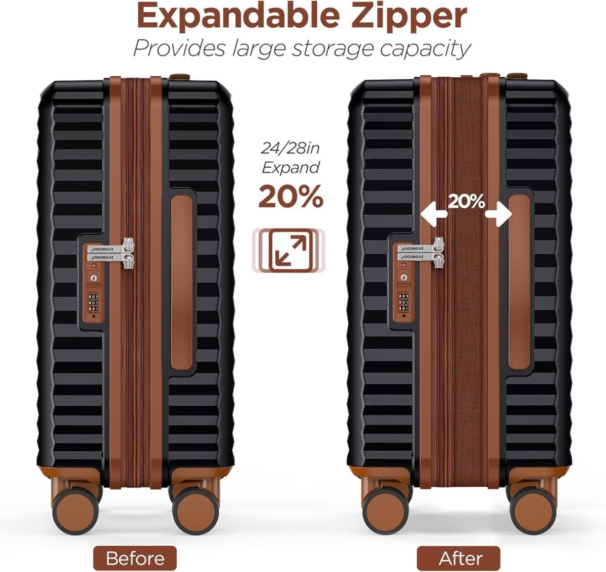 SHOWKOO Luggage Sets Of 3 | 20'' 24''28''| Suitcase Hardside Expandable Black - Image 8