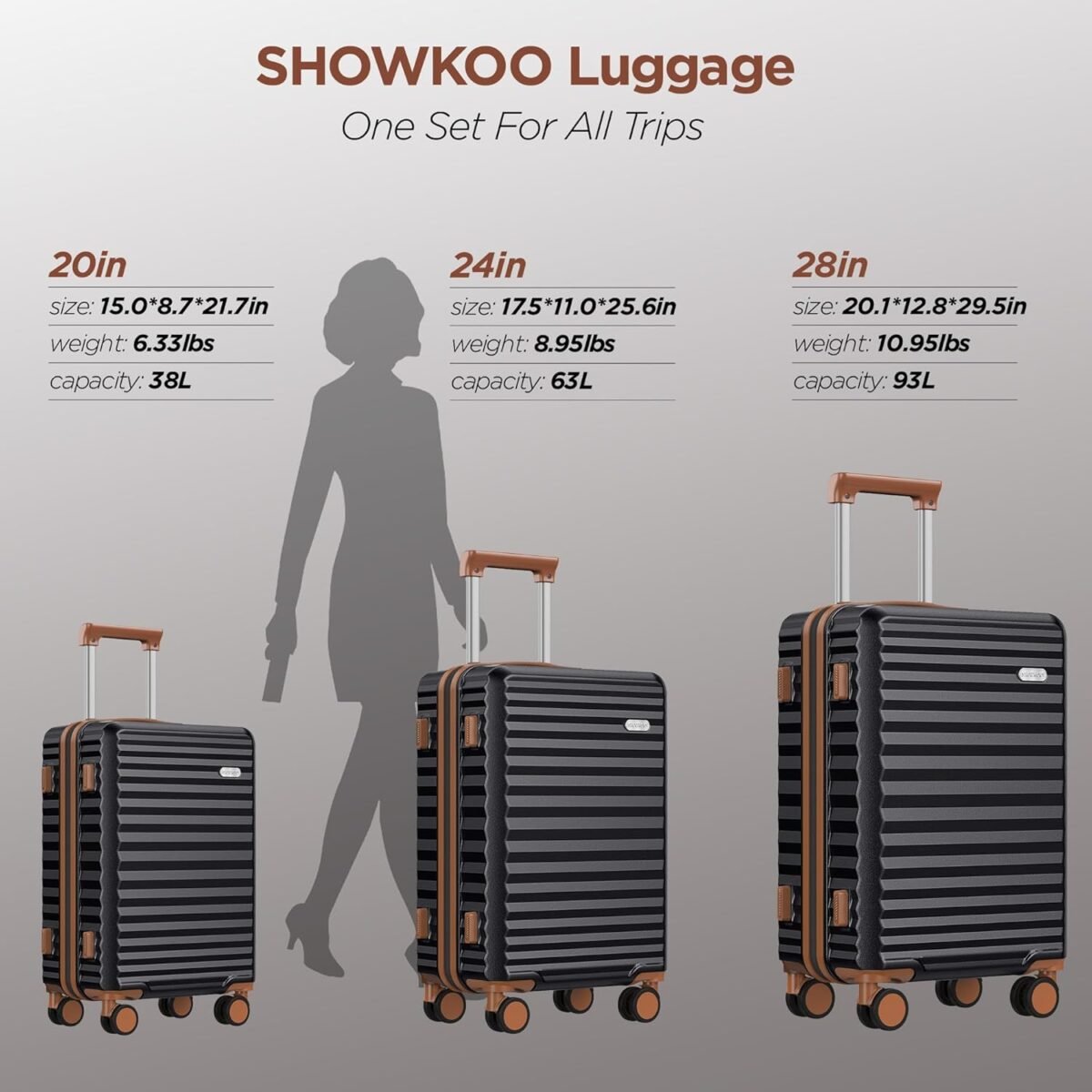 SHOWKOO Luggage Sets Of 3 | 20'' 24''28''| Suitcase Hardside Expandable Black - Image 11