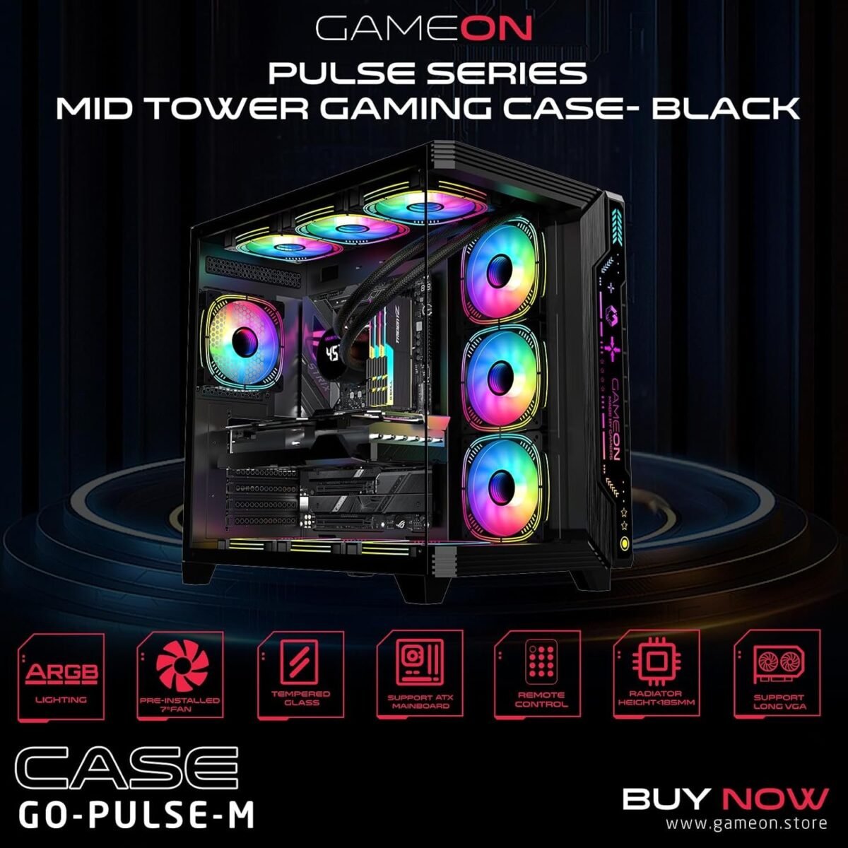 Game ON Gaming PC Case – ATX/M-ATX/ITX ARGB Pre-Installed Fans - Image 4