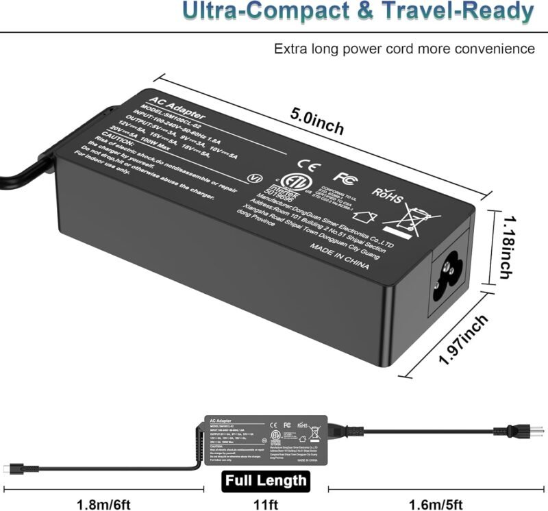 100W Fast PD 3.0 Type C Power Adapter with 6.6ft Cable, Universal Compatible with Lenovo Thinkpad HP MacBook Dell Asus Acer and All USB-C Device