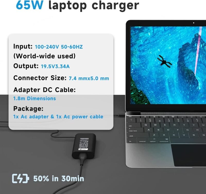 65W  LA65NM130 19.5V 3.34A AC Adapter 7.4 * 5.0mm Compatible with dell Latitude 5400 5480 5490 5590 5290 E5470, 7480 7490 E7250 7290 Laptop Charger