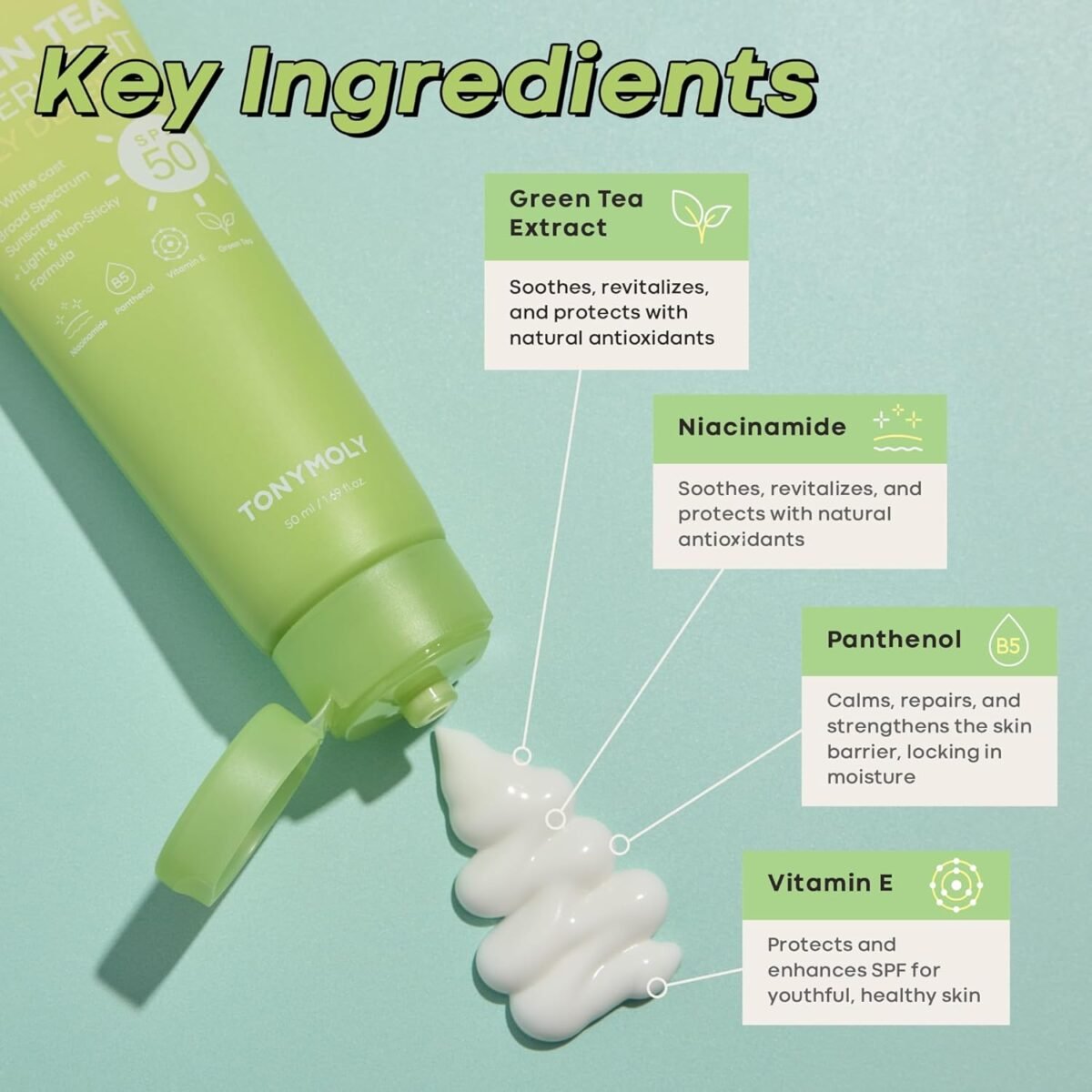 TONYMOLY Chok Chok Green Tea Watery Sunscreen SPF 50+ PA++++ - No White Cast, Lightweight Korean Face Moisturizer with Niacinamide & Hyaluronic Acid - Hydrating & Non-Greasy - 1.69 fl. oz. - Image 6
