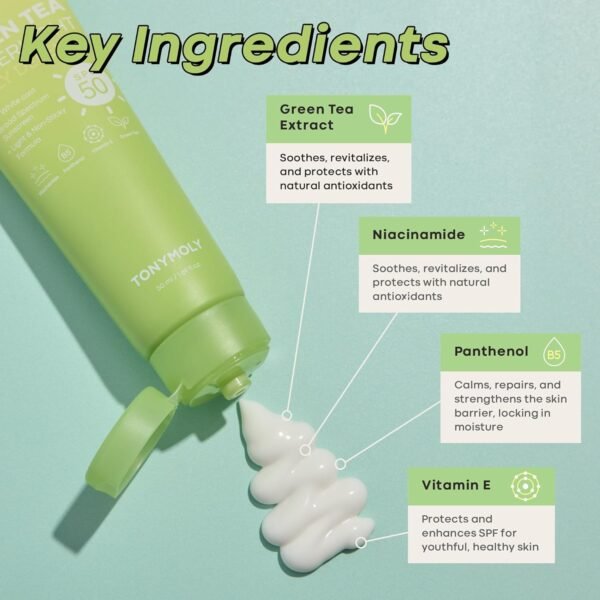 TONYMOLY Chok Chok Green Tea Watery Sunscreen SPF 50+ PA++++ - No White Cast, Lightweight Korean Face Moisturizer with Niacinamide & Hyaluronic Acid - Hydrating & Non-Greasy - 1.69 fl. oz.